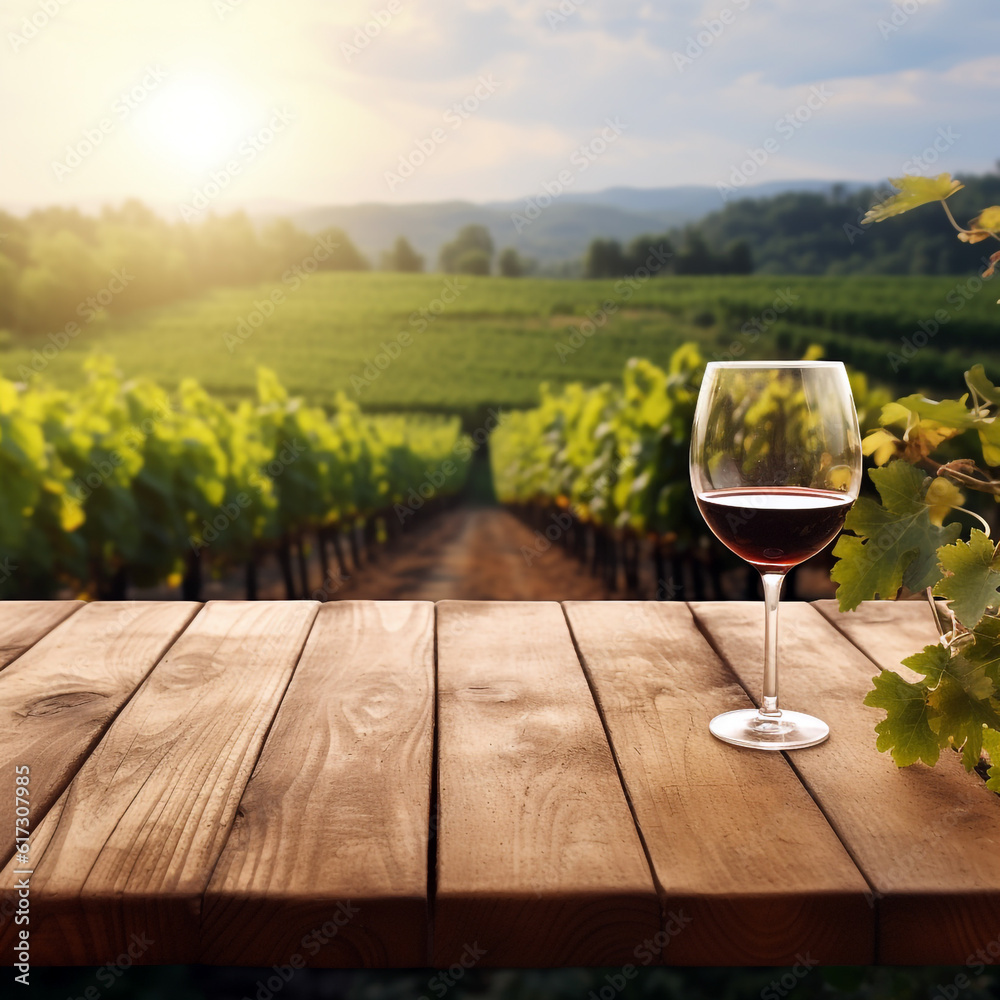 a glass of red wine standing on a wooden table against the backdrop of a vineyard at sunset. Generative Ai. 