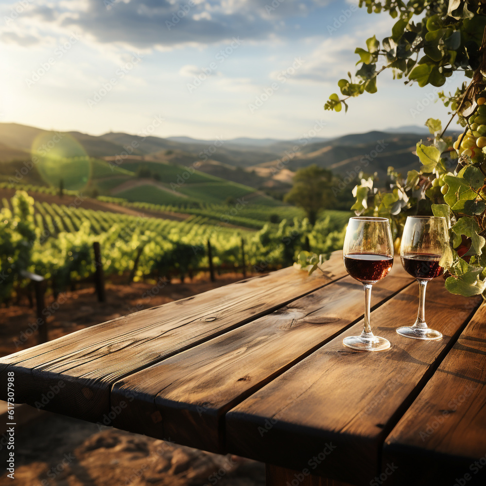 Two glasses with red wine standing on a wooden table against the backdrop of a vineyard on a sunny morning. Generative Ai. 