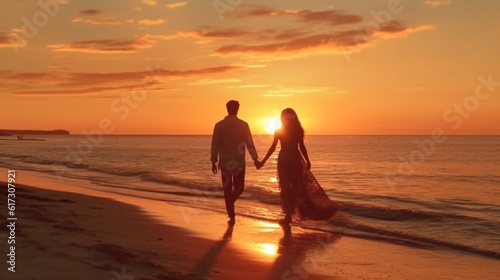 A happy couple holding hands and walking along a peaceful beach at sunset, Generative AI