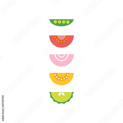 Vegetables slices. Tomatoes, cucumber, onion, green peas. Salad concept. Vegetable vector illustration in flat style for emblem, logo, sign or icon.