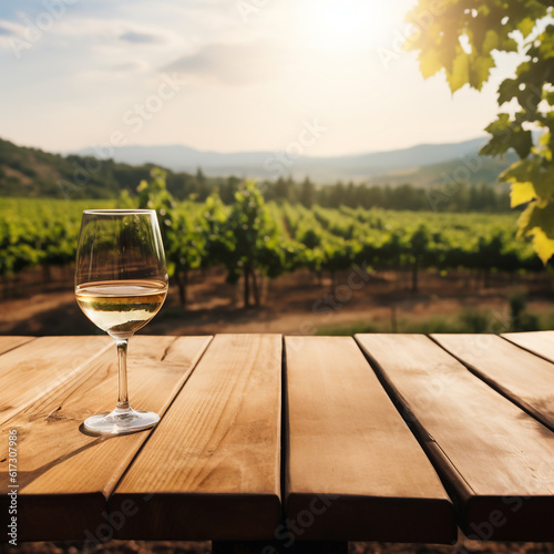 a glass of white wine on a wooden table on a sunny day against the backdrop of a vineyard. Generative Ai. 