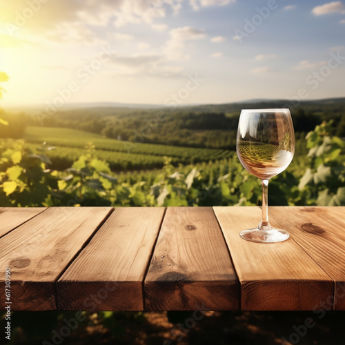 a glass of wine standing on a wooden table against the backdrop of vineyards on a sunny day. Generative Ai. 