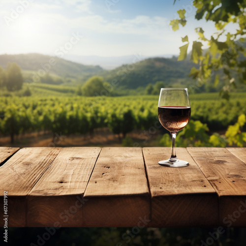 a glass with red wine standing on an empty wooden table against the backdrop of a vineyard on a sunny morning. Generative Ai. 