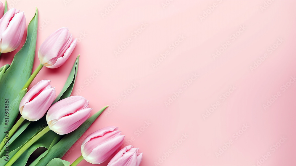 tulips lie on a light pink background with space for text top view. Generative Ai. 