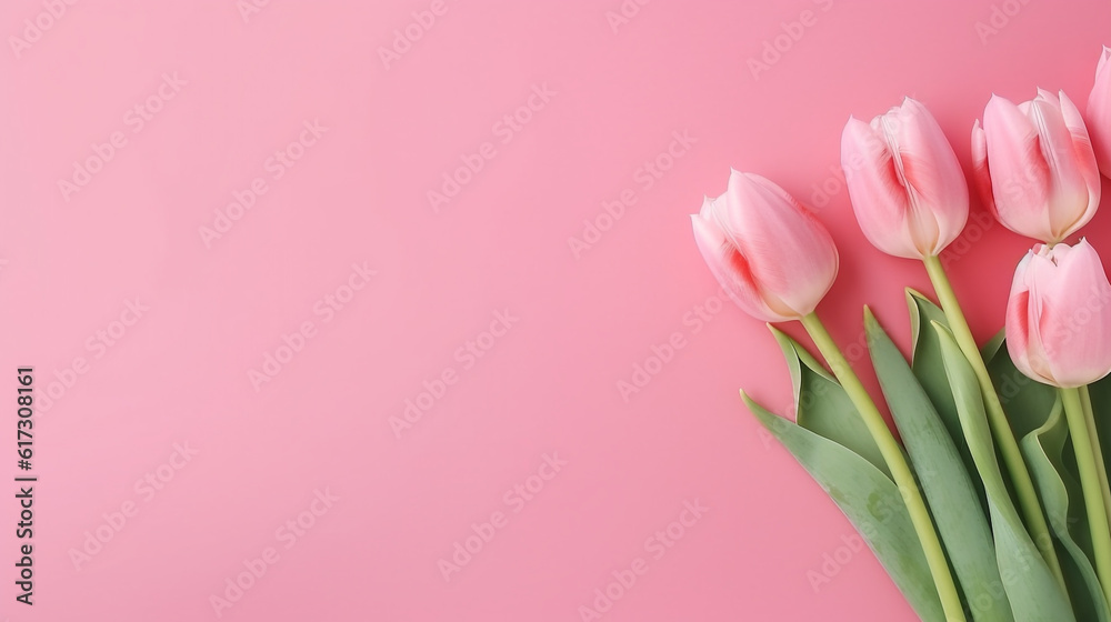 pink tulips on a pink background with space for text. Generative Ai. 