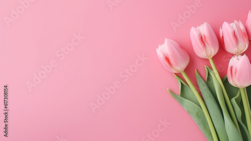 tulips on a light pink background with space for text. Generative Ai.  © PETR BABKIN