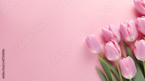 bouquet of tulips on a light pink background with space for text. Generative Ai. 