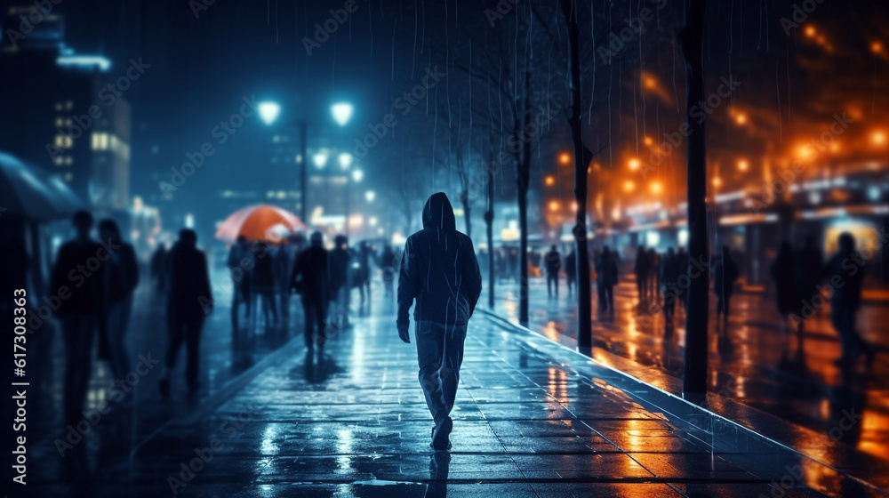 city nightlife, people walk in the rain. Generative Ai. 