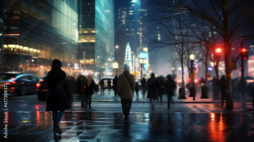 People walk in the night city. Generative Ai. 