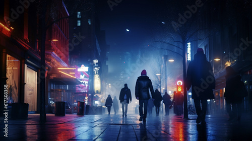 people walking on the street at night. Generative Ai. 
