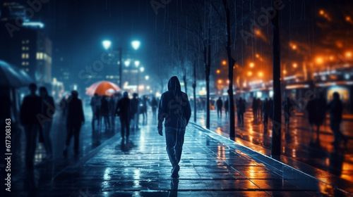 city nightlife, people walk in the rain. Generative Ai. 