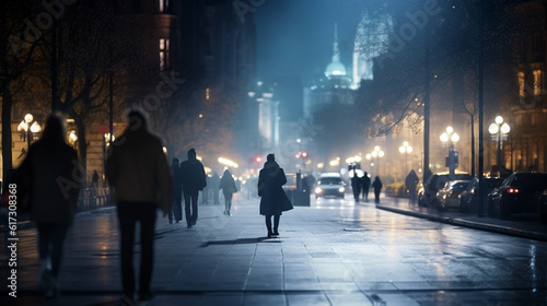 People walk around the city illuminated at night. Generative Ai. 