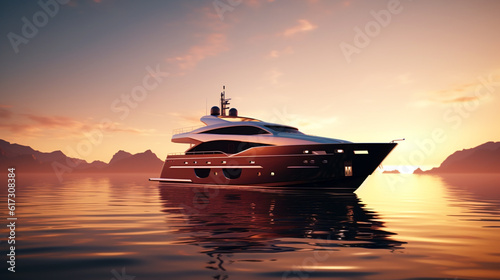 luxury yacht drifts calmly at sunset in the sea. Generative Ai.  © PETR BABKIN