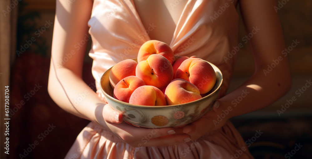woman holding a vase with peaches in her hands, close-up. Generative Ai. 