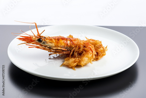 photo of a fried prawn on a plate, ultra hd gray background © Bojel2