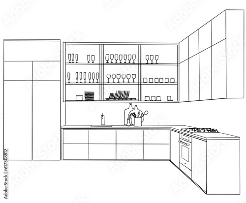 Interior sketch of kitchen room. Outline blueprint design of kitchen with modern furniture