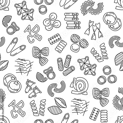 Pasta type outline seamless pattern. Fabric or textile monochrome vector print, wrapping paper thin line backdrop with fagottini, farfalle, fusilli and rigatoni, maccheroni, filini, eliche pasta