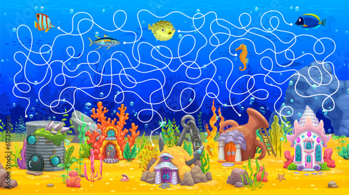 Labyrinth maze game. Help to fish find himself fairytale underwater house. Find way kids puzzle, maze quiz vector worksheet with seashell, coral, oil barrel and ceramic pot houses on sea bottom