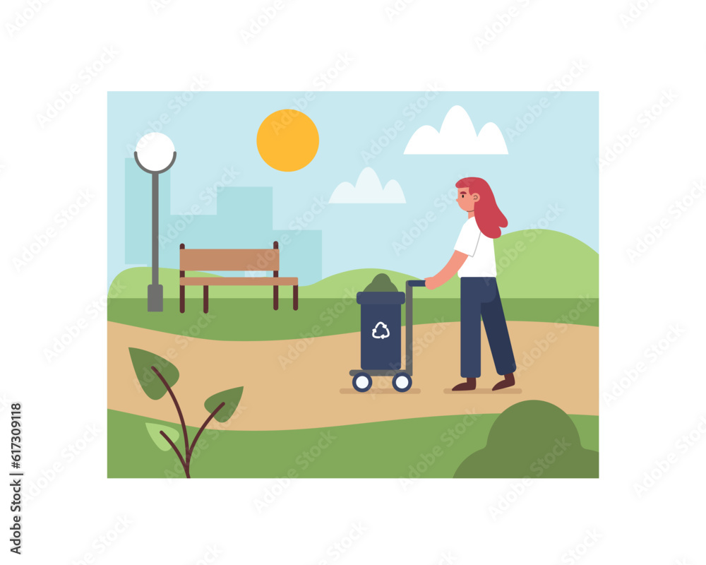 Colored cartoon female character gathering trash for recycling. Woman takes out litter from park in special bin. Girl rolls cart with sorted garbage. Work of young volunteers
