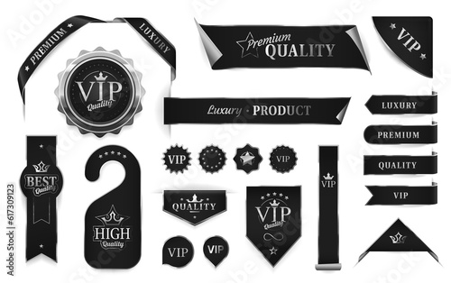 Silver luxury labels and banners, ribbons or VIP badges and premium quality stickers, vector signs. Best product certificate labels and silver black emblems or VIP tags for exclusive high quality