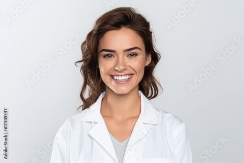 Portrait of smiling female doctor in white coat, isolated on white