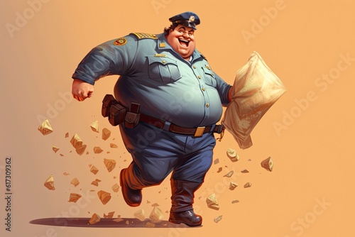 Illustration of a chubby or overweight police officer with a smile on his face is carrying bags of money and running away. Studio light. Monochrome background. Generative Ai. 