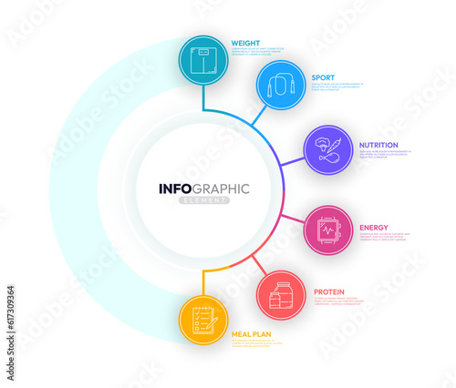 Infographics on nutrition, healthy food and fitness workout, health diet and wellness vector diagram elements. Infographics chart on sport lifestyle, energy and body weight balance or meal plan