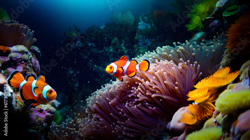 Nemo fish among coral reefs. Marine  environment. AI generated
