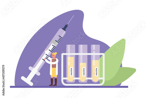 Cartoon doctor holding huge syringe of vaccine. Getting vaccinated against illness in hospital. Process of virus destruction. Boosting immune system health. Vector