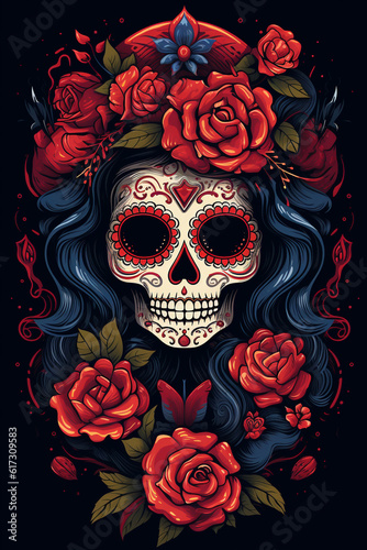 La Catrina dia de muertos Skull. Bemalter Schädel mit Blumen Deko. Tag der Toten in Mexico. Hochkant. Hochformat. Generative Ai.