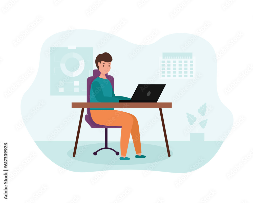 Cartoon man working as programmer in office. Young people working using computer and laptop. Process of developing and testing software. Vector illustration Cartoon man working as programmer in office. Young people working using computer and laptop. Process of developing and testing software. Vector illustration