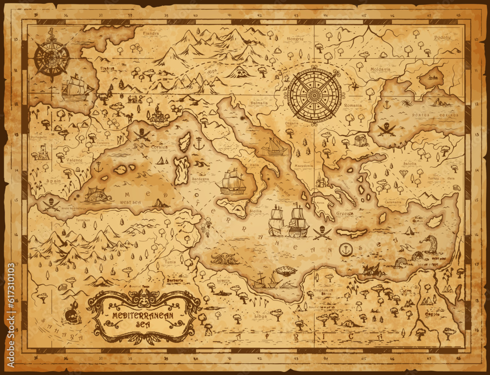 Old vintage map of Mediterranean sea, pirate sailing and treasure island, antique vector. Map of Mediterranean sea with fantasy monsters and seafaring ship plan in Europe with compass wind rose