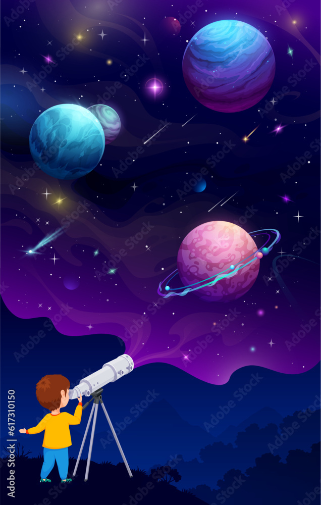 Young child with telescope. Cartoon space planets, galaxy nebula and comets flying in outerspace. Astronomy science or stars observation hobby vector concept with preschool boy using telescope Young child with telescope. Cartoon space planets, galaxy nebula and comets flying in outerspace. Astronomy science or stars observation hobby vector concept with preschool boy using telescope