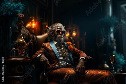 An illustration of a monkey boss in a business suit sits in a leather armchair, dim light creating a contrast between indulgence and melancholy. Generative Ai. 
