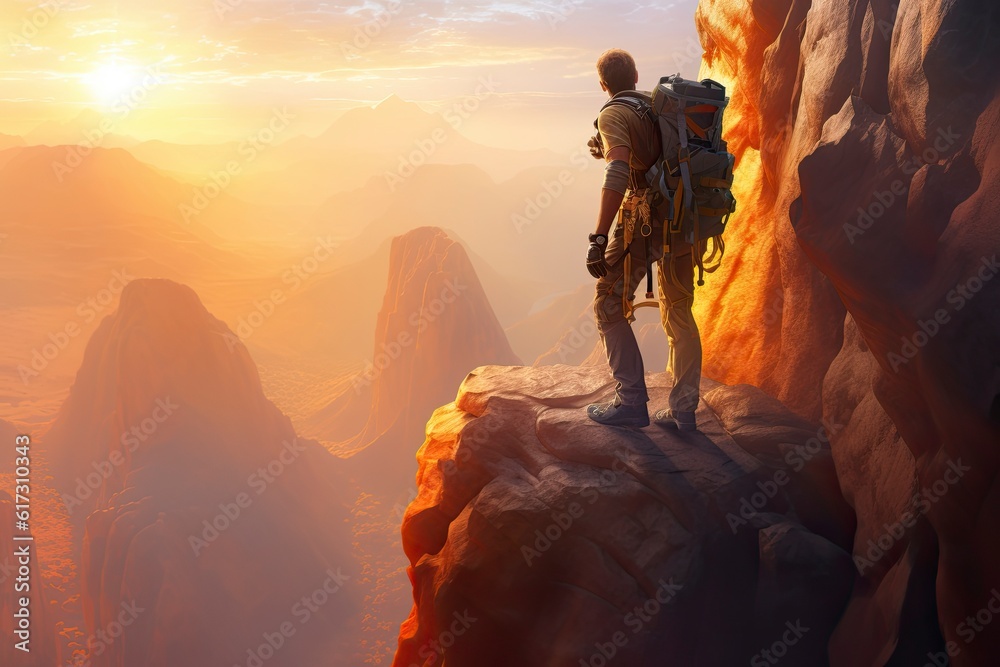 Fototapeta premium Illustration of a hiker with a backpack climbs up a cliff as the sun sets behind him, creating a beautiful silhouette against the sky. Generative Ai.