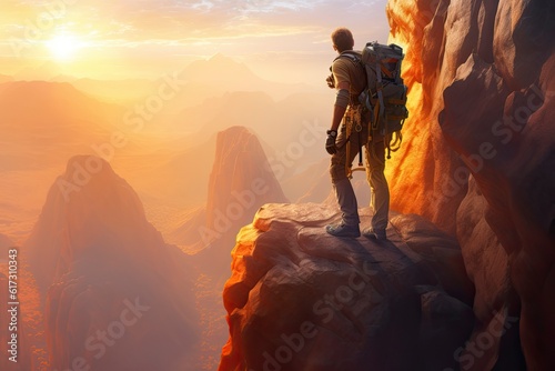 Illustration of a hiker with a backpack climbs up a cliff as the sun sets behind him, creating a beautiful silhouette against the sky. Generative Ai.