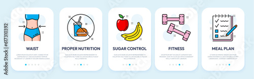 Mobile app onboarding screen line icons of nutrition, healthy food, fitness and workout, vector page templates. Mobile application onboarding screen icons of diet and healthy eating plan for woman