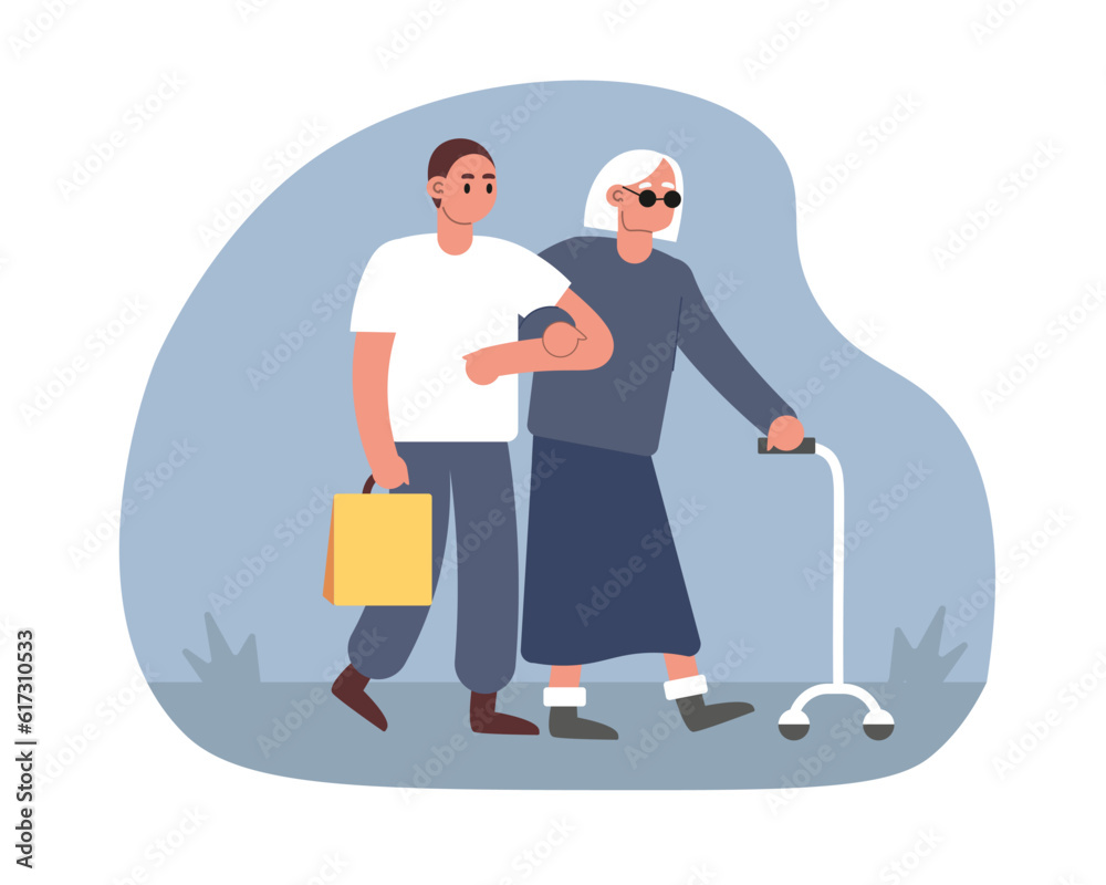 Cartoon guy helps elderly blind woman to walk. People from volunteering organization helping people with disability. Support for humans with special needs. Vector