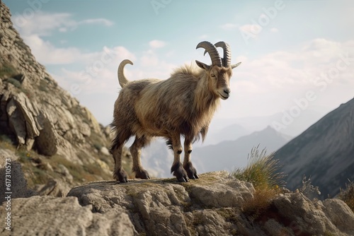 An illustration of a mountain goat climbs up a cliff while breathtaking mountain ranges unfold behind it, offering a captivating view into the distance. Generative Ai.  © aiAnxiety