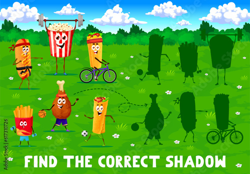Find the correct shadow of cartoon fast food characters on sport vacation. Matching kids game vector worksheet with hotdog, popcorn, burrito and fries, shawarma funny personages doing sports in park