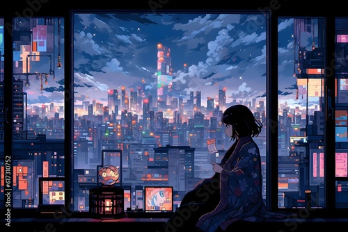 Print op canvas lofi girl full - body, standing at balcony looking at city night lights, Generative AI