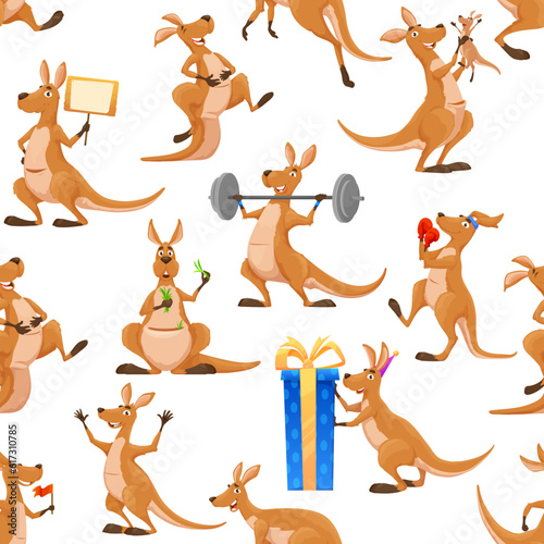 Cartoon kangaroo characters seamless pattern. Textile backdrop, wrapping paper vector print or fabric seamless background with cute kangaroo animal personage lifting barbell, boxing and opening gift
