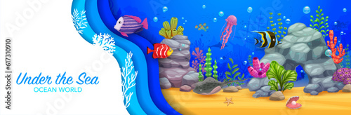 Cartoon underwater paper cut landscape banner with stingray, fish, jellyfish and sea bottom seaweeds, vector background. Undersea world and ocean coral reef tropical fishes and sunken ship in papercut