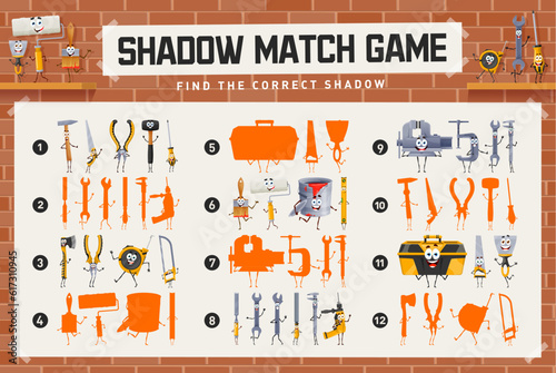 Shadow match game worksheet, cartoon repair, DIY and work tool characters, vector kids quiz. Find and match suitable shadow silhouette of funny hammer, toolbox and screwdriver, carpentry plane and saw
