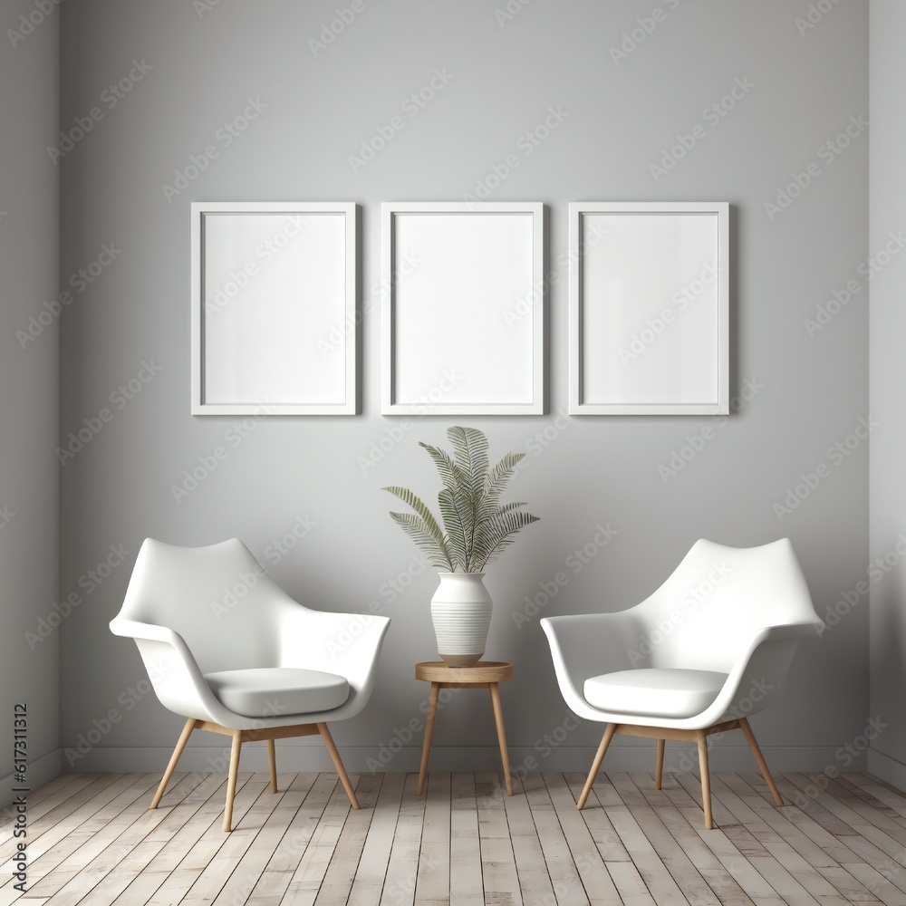 Template Frame Art print Mock up three blank white photo frames in modern minimal interior Generative AI 