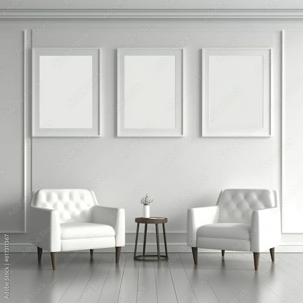 Template Frame Art print Mock up three blank white photo frames in modern minimal interior Generative AI 