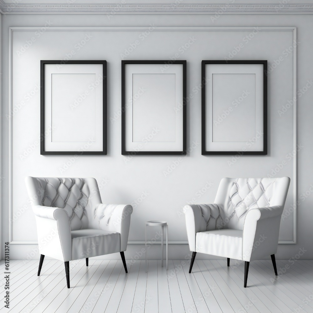 Template Frame Art print Mock up three blank white photo frames in modern minimal interior Generative AI 