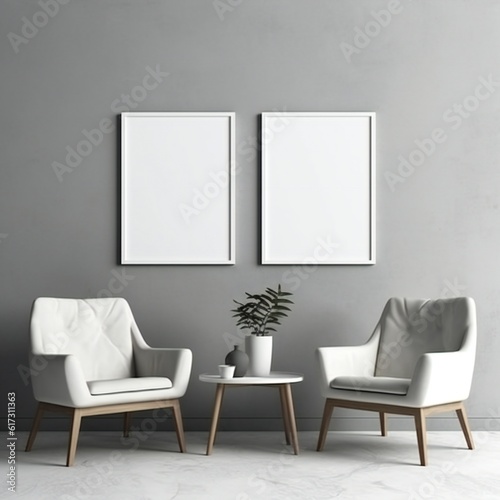 Template Frame Art print Mock up three blank white photo frames in modern minimal interior Generative AI  © LayerAce.com