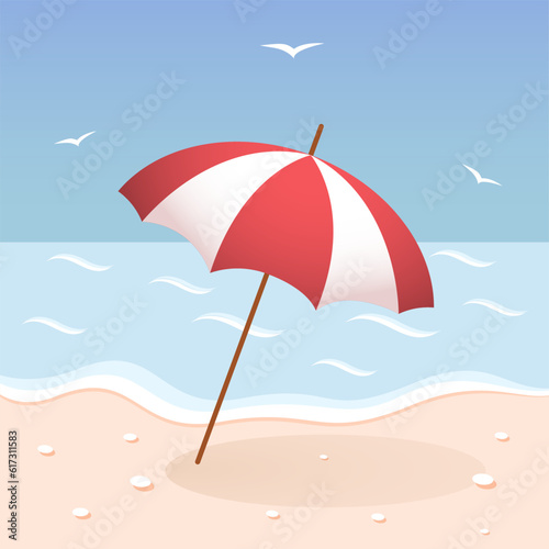 Summer landscape. Flat lay of beach. Summer banner. Beach umbrella on the seaside.