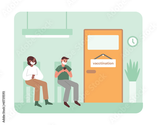 Cartoon people waiting in line to be vaccinated. Immune system health. Time to get vaccinated against diseases. Protection from pandemic outbreak. Vector flat style illustration